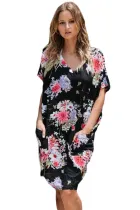 Black V Neck Pocket Floral Print Boho Dress