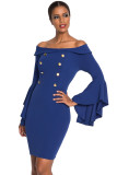 Blue Double Breasted Button Off Shoulder Dress