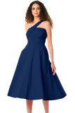 Navy Asymmetric One Shoulder Flared Midi Dress