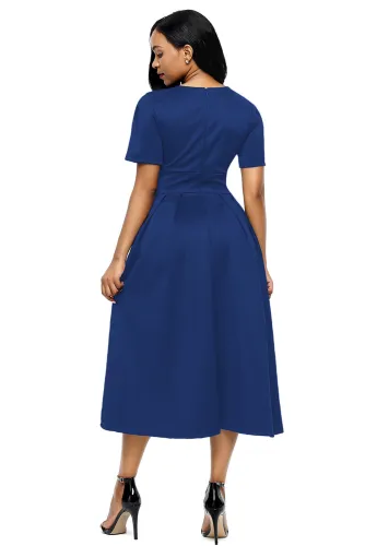 Blue Split Neck Short Sleeve Midi Dress with Bowknots