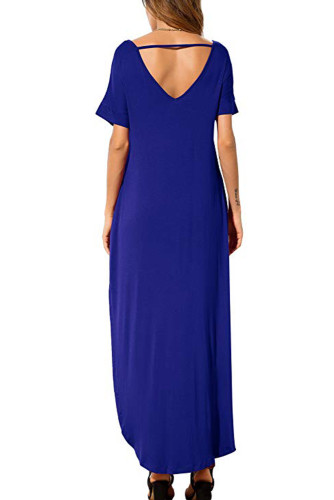 Blue Lace Front Pocket Short Sleeve Split Casual Loose Maxi Dress