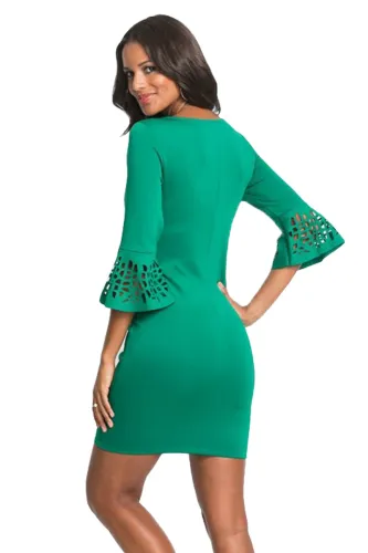 Green 3/4 Hollow-out Bell Sleeve Sheath Mini Dress