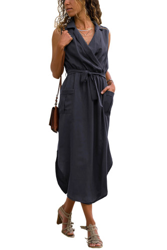 Blue Sleeveless Shirt Long Dress with Pockets