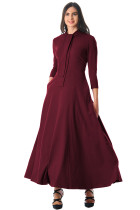 Burgundy Pocketed 3/4 Sleeves Tie Neck Maxi Dress