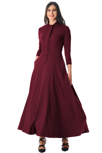 Burgundy Pocketed 3/4 Sleeves Tie Neck Maxi Dress