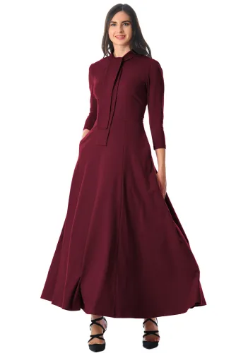 Burgundy Pocketed 3/4 Sleeves Tie Neck Maxi Dress
