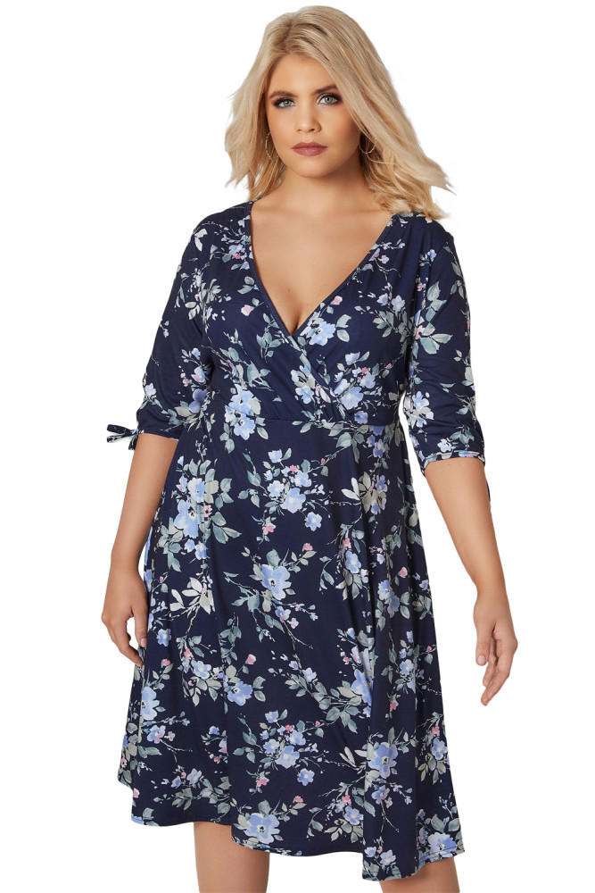 Navy 3/4 Length Tie Sleeves Floral Jersey Wrap Dress