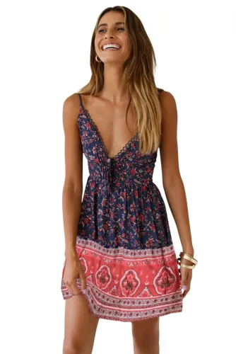 Blue Floral Pattern Tank Slip Dress