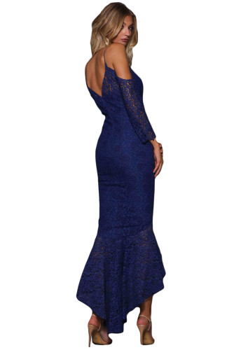 Navy Blue Lace Cold Shoulder Elegant Mermaid Party Dress