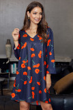 Blue Printed V-Neck Three Quarter Sleeve Loose Dress