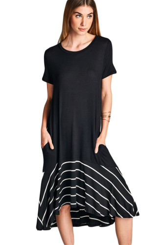 Black Hi-low Striped Ruffle Hem Midi Dress