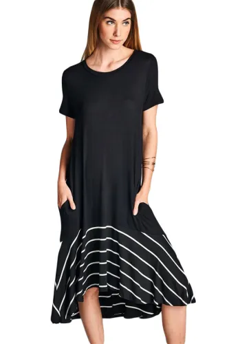 Black Hi-low Striped Ruffle Hem Midi Dress