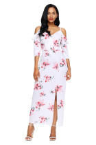 White Cold Shoulder Floral Slit Maxi Dress