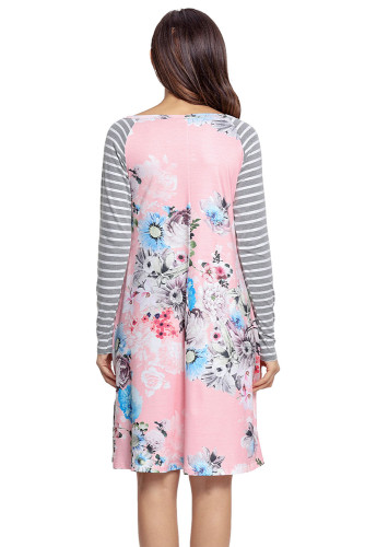 Pink Floral Print Stripe Raglan Sleeve Dress