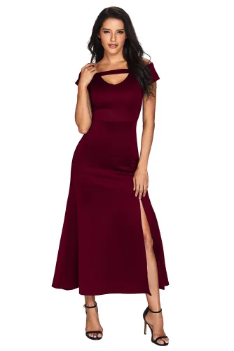 Burgundy Cold Shoulder Front Slit Flare Maxi Dress
