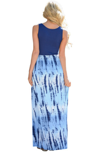 Blue Tie Dye Print Sleeveless Long Boho Dress