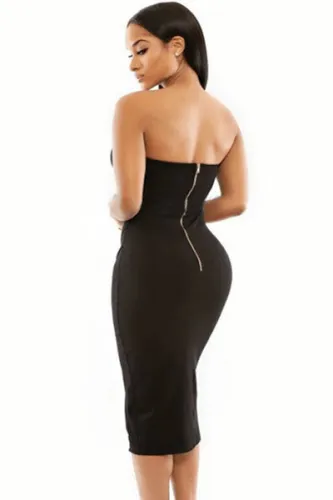Black V Cut Bust Slim Fit Front Slit Midi Dress