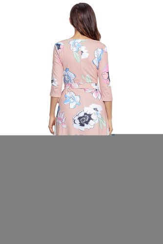 Light Pink Floral Print Wrapped Long Boho Dress