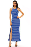 Blue White Stripes Maxi Dress with Side Slit