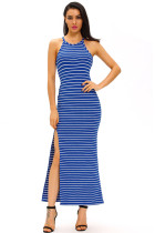 Blue White Stripes Maxi Dress with Side Slit
