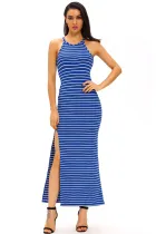 Blue White Stripes Maxi Dress with Side Slit