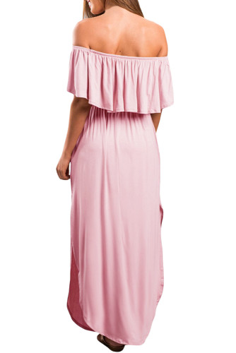 Pink Flounce Off Shoulder Maxi Jersey Dress