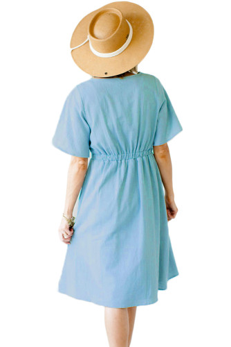 Light Blue Asymmetrical Button Up Front Midi Dress