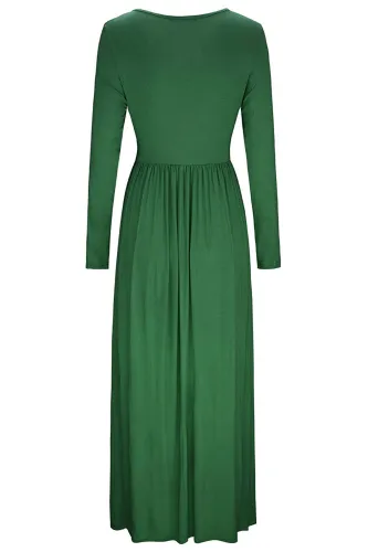 Hunter Green Button Front Pocket Style Casual Long Dress