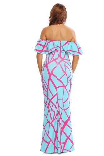Mint Green Fuchsia Off-the-shoulder Maxi Dress
