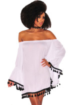 White Off Shoulder Black Tassel Trim Dress