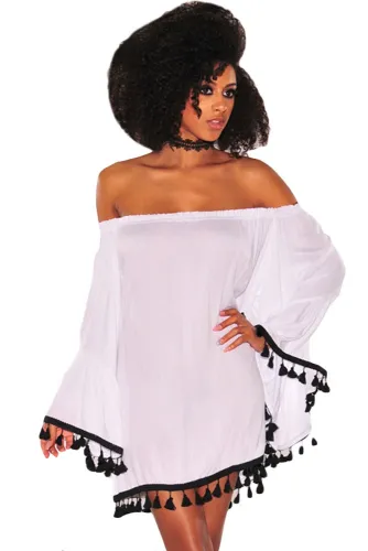 White Off Shoulder Black Tassel Trim Dress