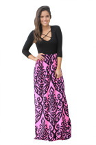 Black Rosy Printed Maxi Dress with Criss Cross Top