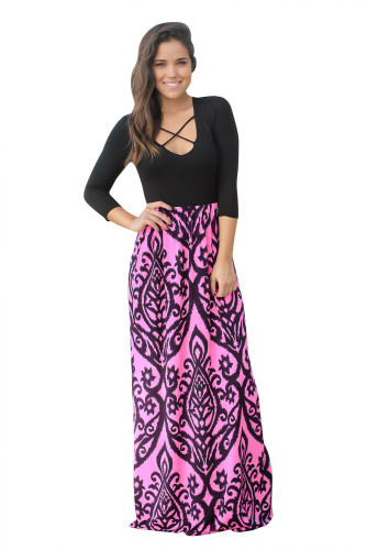 Black Rosy Printed Maxi Dress with Criss Cross Top