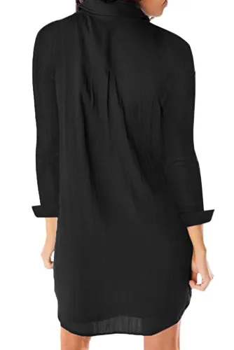 Black Long Sleeve Buttoned Crepe Shirt Dress