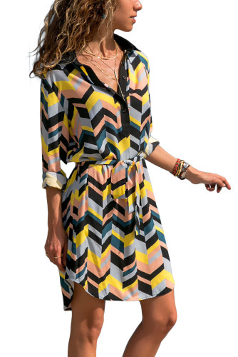Multicolor Blocked Print Button V Neck Shirt Dress