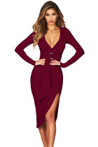 Burgundy Faux Wrap V Neck Long Sleeve Midi Dress