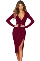 Burgundy Faux Wrap V Neck Long Sleeve Midi Dress