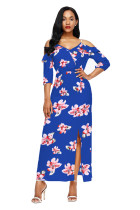 Blue Cold Shoulder Floral Slit Maxi Dress