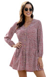 Red Printed V Neck Buttoned Long Sleeve Shirt Dress
