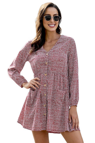 Red Printed V Neck Buttoned Long Sleeve Shirt Dress