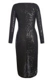 Black Sequins Wrapped Ruched Irregular Dress