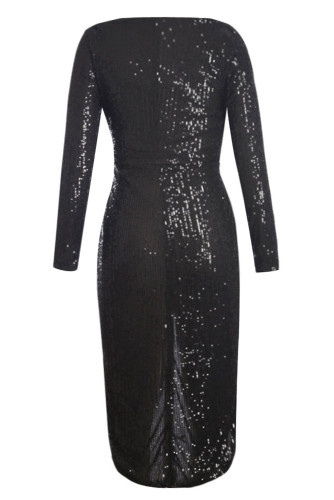 Black Sequins Wrapped Ruched Irregular Dress