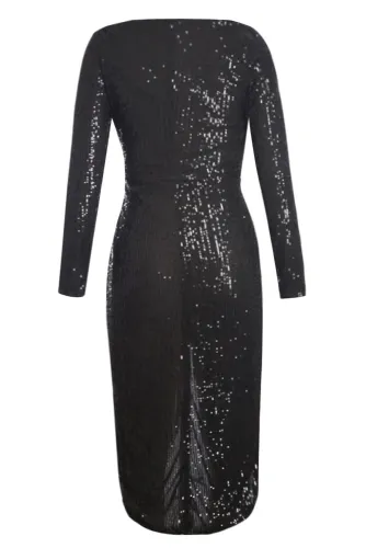 Black Sequins Wrapped Ruched Irregular Dress