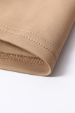 Asymmetric Button Detail Khaki Ruched Midi Dress