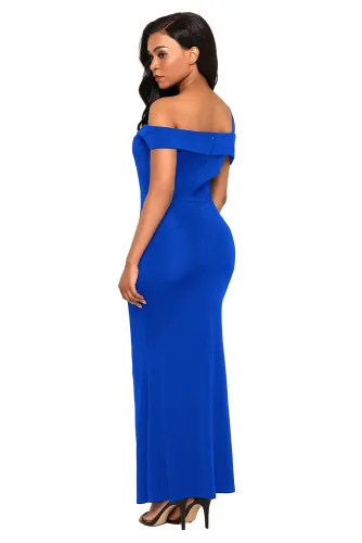 Royal Blue Asymmetric Off Shoulder Look High Waist Party Gown