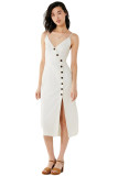White Buttoned Linen Midi Dress