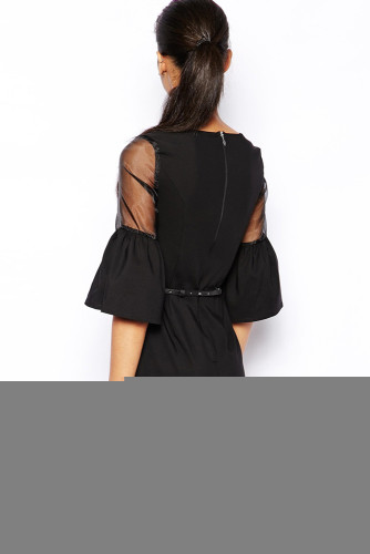 Sheer Insert Bell Sleeve Pencil Midi Dress