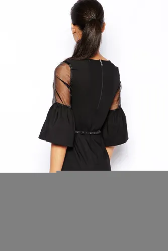 Sheer Insert Bell Sleeve Pencil Midi Dress