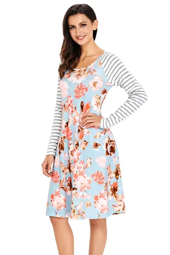 Blue Floral Print Stripe Raglan Sleeve Dress