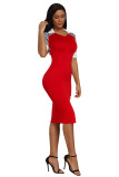 Houndstooth Patchwork Red Office Sheath Dress